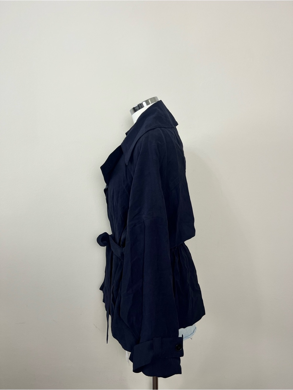 Zara ZW Collection Short Flowy Trench Coat Navy Blue Large NWT Belted Jacket - Picture 11 of 14